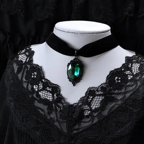 Green crystal cameo velvet gothic choker collar for dark romantic outfits, cosplay styling, and evening fashion wear.