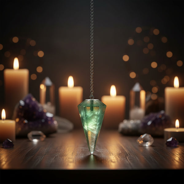 Green fluorite 6-sided faceted pendulum on a 9-inch chain for dowsing