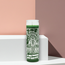 Indian Spirit green 7 day prayer candle in tall glass container for altar work, meditation, and spiritual practice.