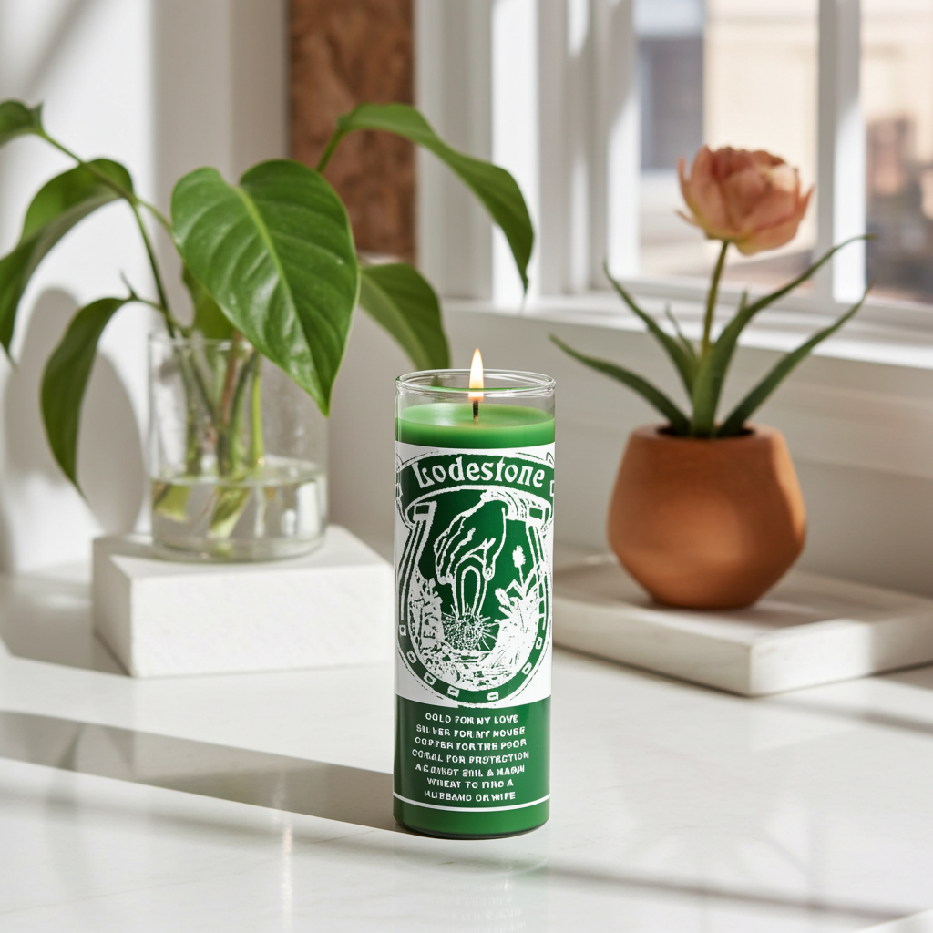 Green Lodestone 7 day candle in glass jar for attraction rituals, prosperity work, and spiritual practice.