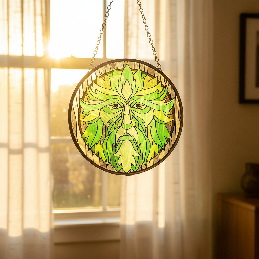 Green Man Glass Suncatcher, 6 inch diameter