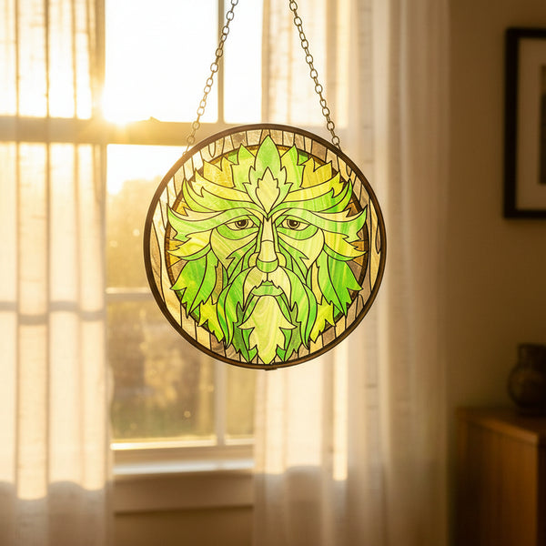 Green Man Glass Suncatcher, 6 inch diameter