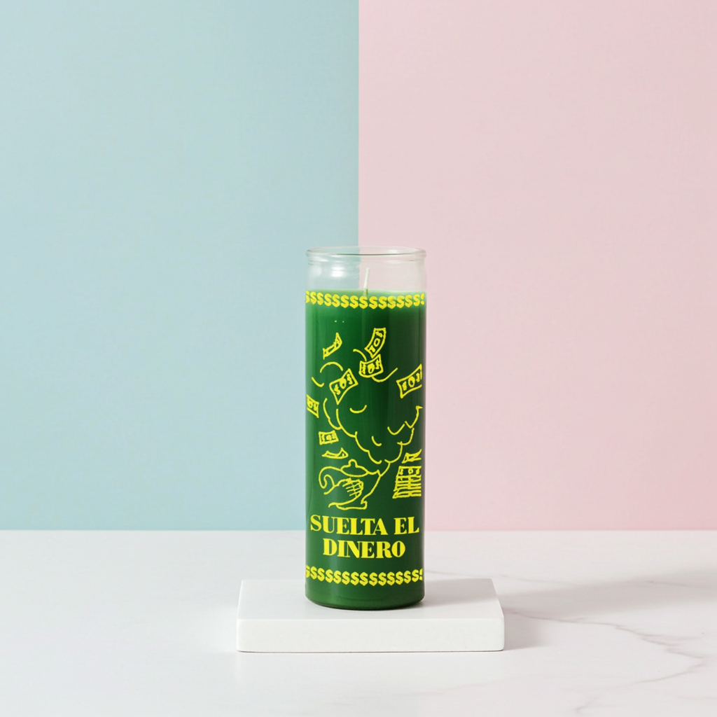 Green Money Release 7 day candle in glass container for abundance rituals, prayer, and financial blockage removal.