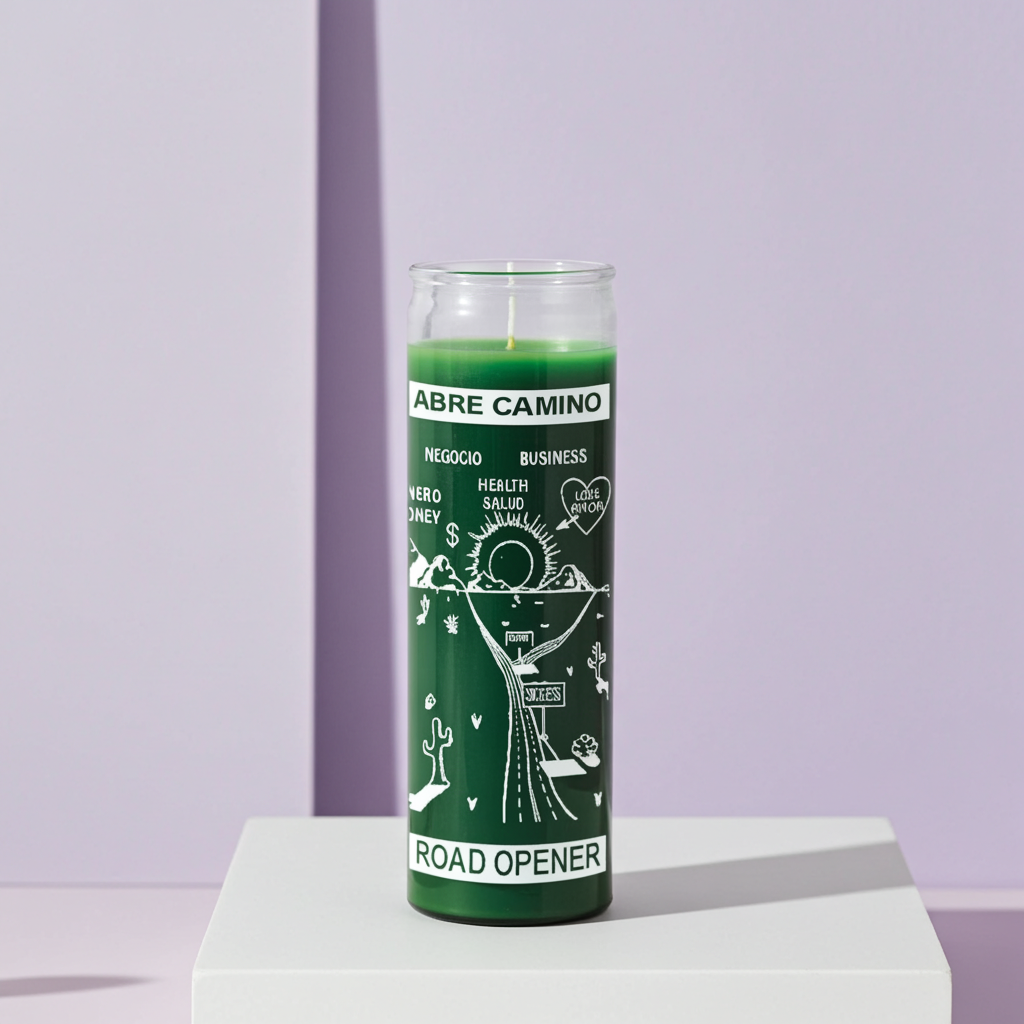 Green Road Opener 7 day prayer candle in glass for clearing blocked paths, spiritual focus, and devotional use.