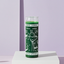 Green Road Opener 7 day prayer candle in glass for clearing blocked paths, spiritual focus, and devotional use.