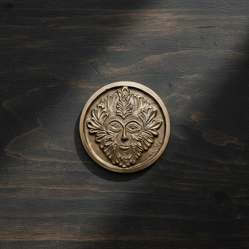 Greenman Altar Tile in brass, 3.5 inch diameter