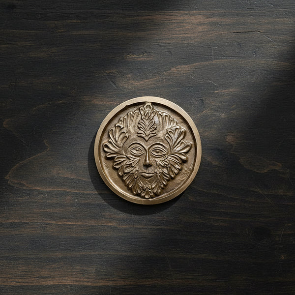 Greenman Altar Tile in brass, 3.5 inch diameter