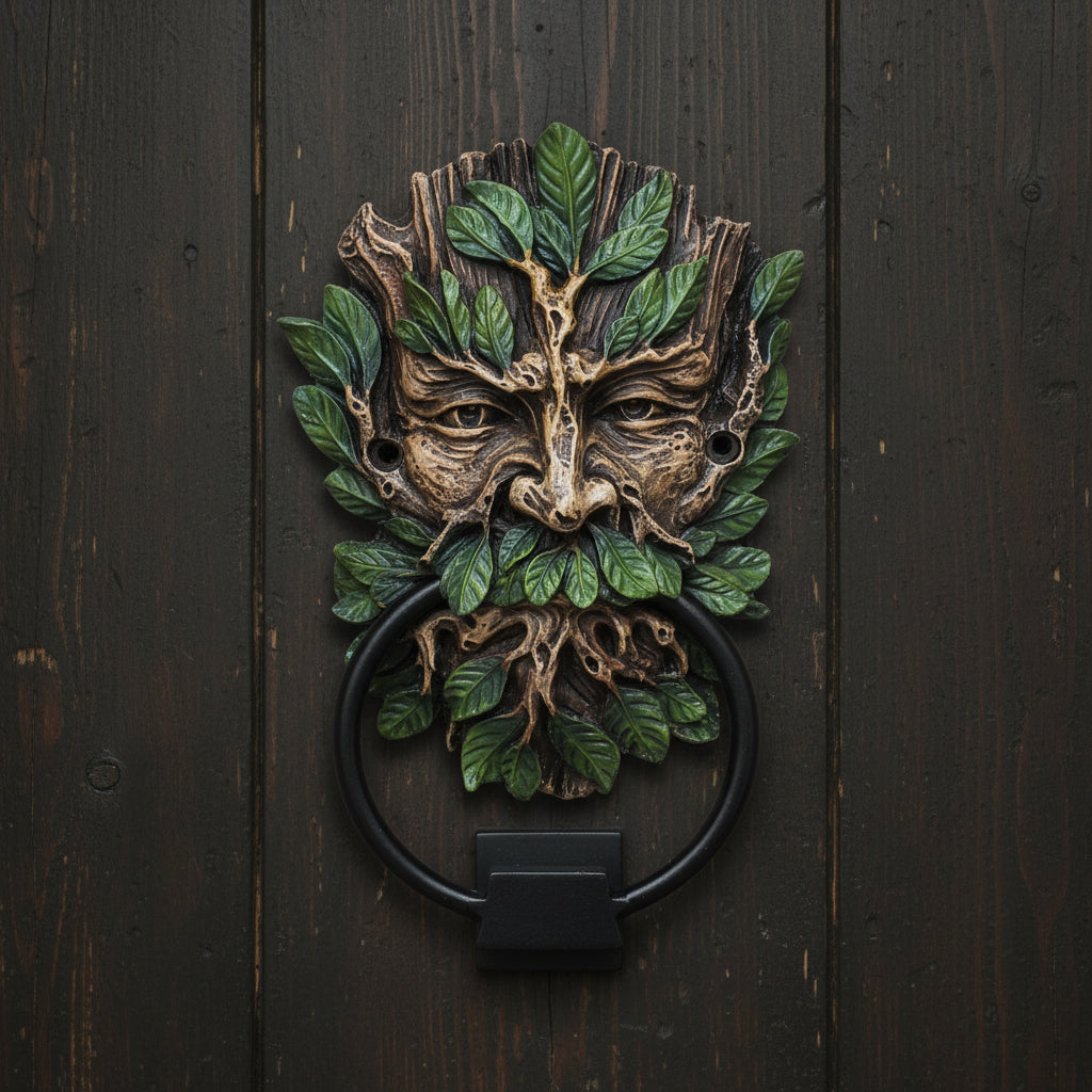 Greenman Door Knocker, cold-cast resin with iron ring