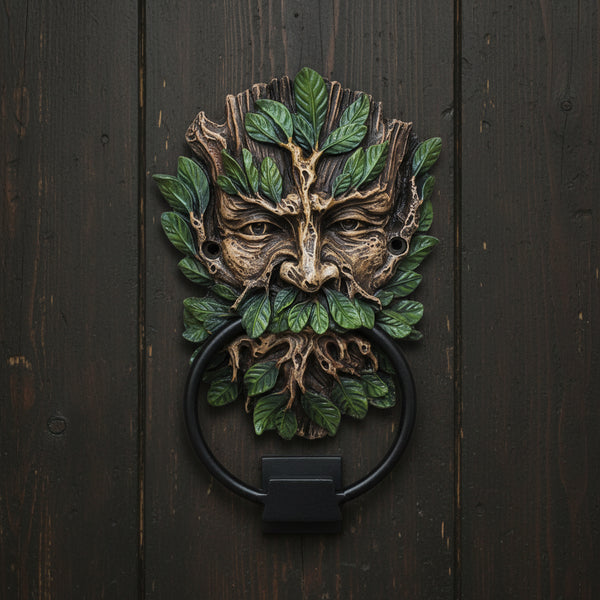 Greenman Door Knocker, cold-cast resin with iron ring