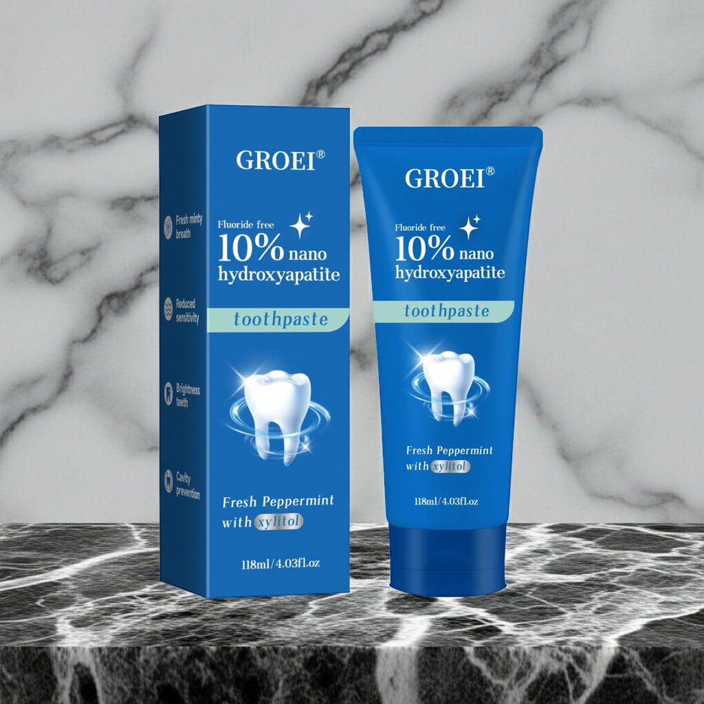 GROEI Hydroxyapatite Toothpaste tube for fluoride-free oral care, fresh brushing, and everyday tooth protection.