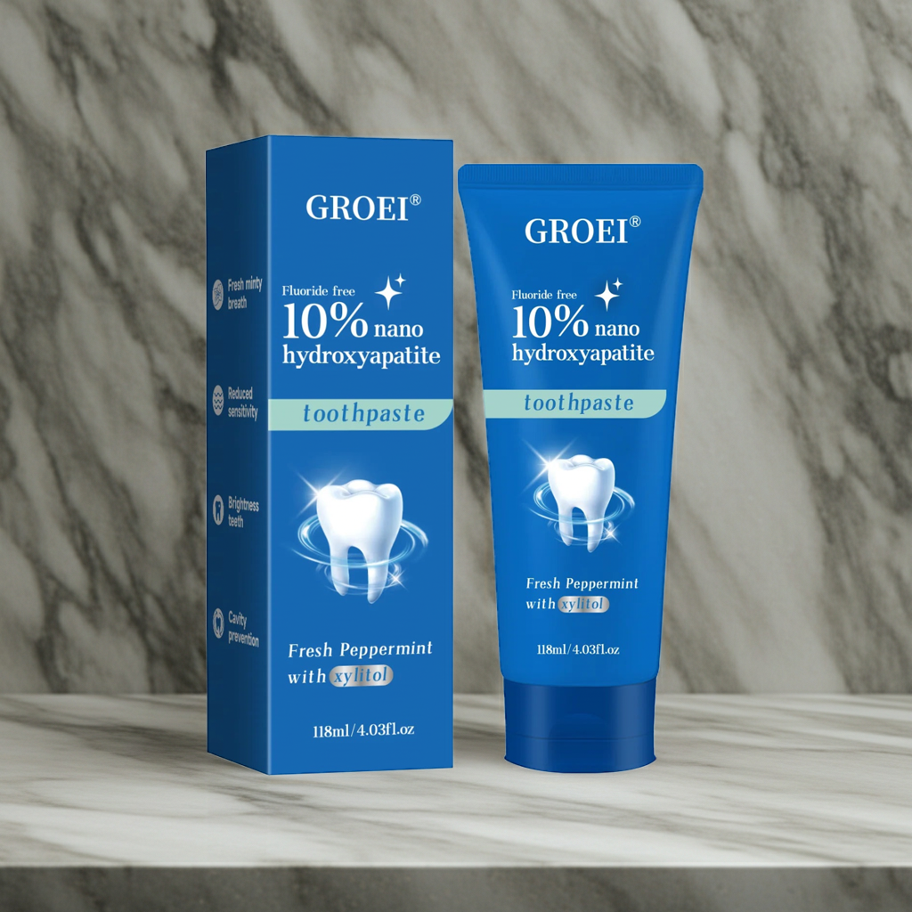 GROEI Hydroxyapatite Toothpaste tube for enamel care, daily brushing, and remineralizing oral hygiene.