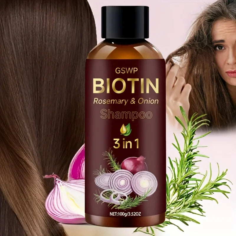 GSWP Biotin Rosemary Onion 3-in-1 shampoo for deep scalp cleansing, oil control, and bouncy fresh hair.