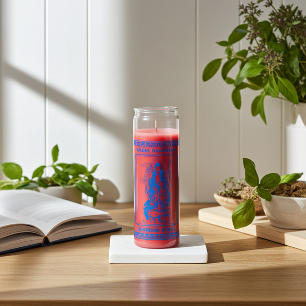 Guardian Angel pink 7 day candle in glass jar for prayer, spiritual protection, and devotional use.