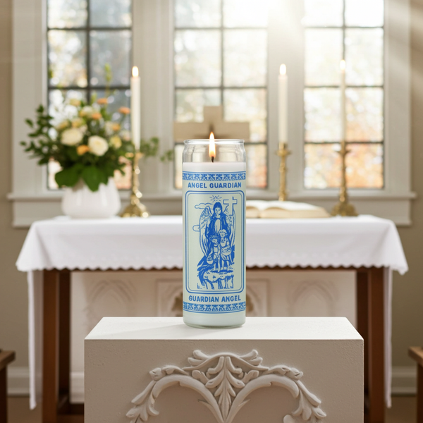 Guardian Angel white 7 day candle in glass jar for prayer, spiritual protection, and devotional use.