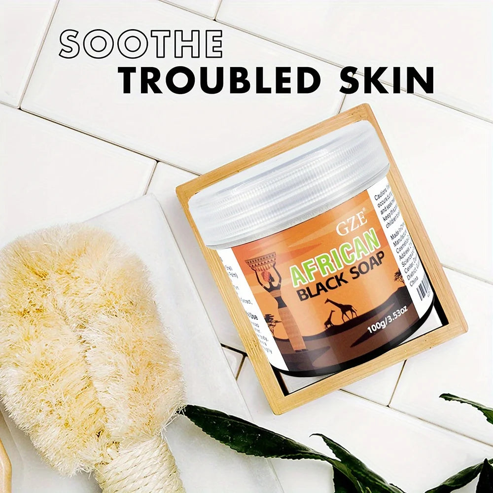 GZE African Black Soap 3-in-1 Cleanser packaging on white background for face hair and body use.