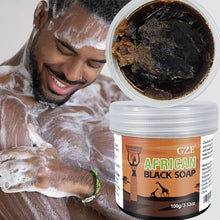 GZE African Black Soap 3-in-1 Cleanser person using bar with close-up of soap for face and body care.