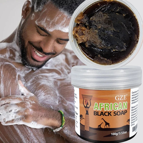 GZE African Black Soap 3-in-1 Cleanser person using bar with close-up of soap for face and body care.