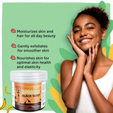 GZE African Black Soap 3-in-1 Cleanser woman holding jar on green background for natural skin care.