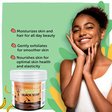 GZE African Black Soap 3-in-1 Cleanser woman holding jar on green background for natural skin care.