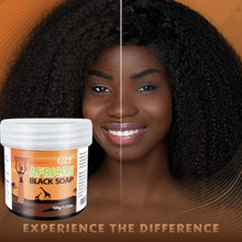 GZE African Black Soap 3-in-1 Cleanser with woman showing healthy hair and natural cleansing benefits.
