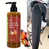 GZE Batana Oil Biotin Hair Cream bottle with person showing long hair results for anti-breakage and hair growth.