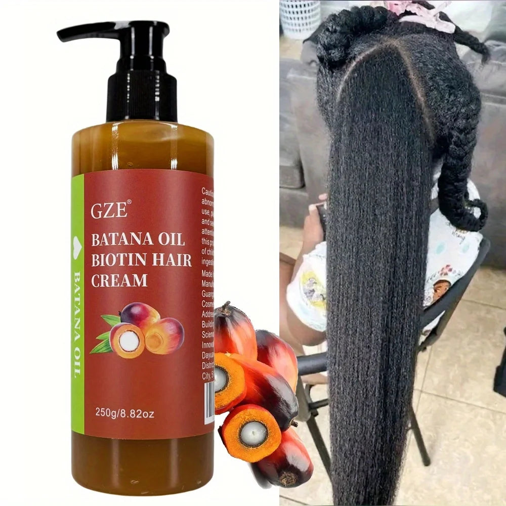 GZE Batana Oil Biotin Hair Cream bottle with person showing long hair results for anti-breakage and hair growth.
