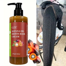 GZE Batana Oil Biotin Hair Cream bottle with person showing long hair results for anti-breakage and hair growth.