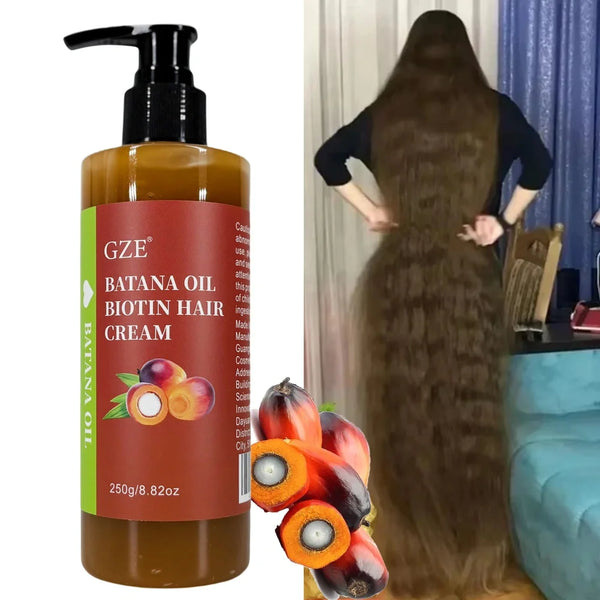 GZE Batana Oil Biotin Hair Cream 250g bottle with person displaying long healthy hair after daily use.