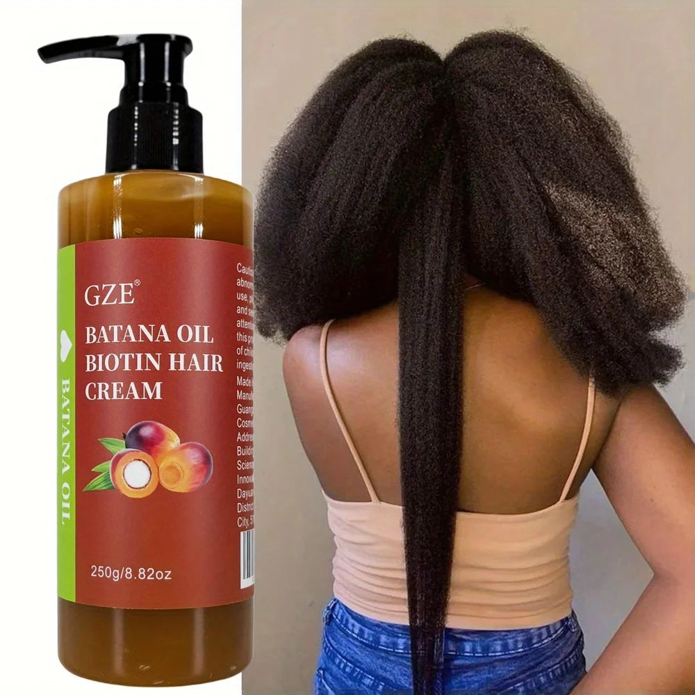 GZE Batana Oil Biotin Hair Cream bottle next to person with styled shiny hair after daily use.