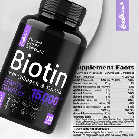 Biotin Collagen Hair, Skin & Nails capsules bottle for hair wellness, skin nourishment, and daily nail support.