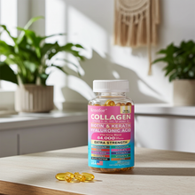 14-in-1 Collagen Capsules bottle with biotin booster and keratin for hair nourishment, skin support, and nail care.