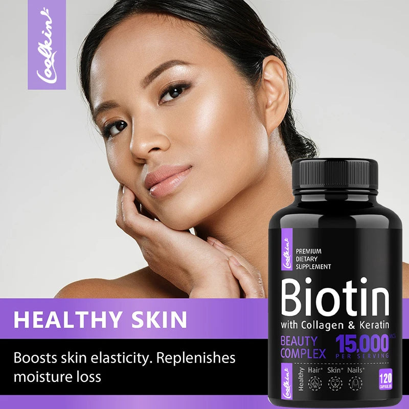 Biotin Collagen Hair, Skin & Nails capsules bottle for beauty care, helping support hair growth routines, skin nourishment, and nail care.