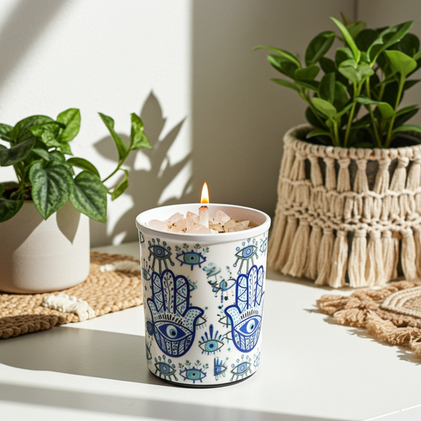 Hamsa Hand votive scented candle with herbs and crystal stones for meditation, spiritual cleansing, and altar use.