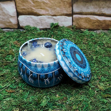 Hand poured ritual tin candle with crystals for ceremonial burning, meditation, and spiritual cleansing.