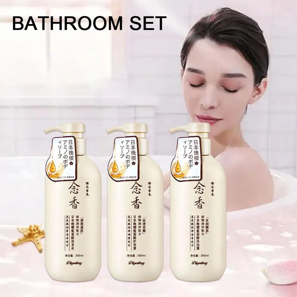 Handaiyan Japanese Shampoo, Conditioner and Body Wash Set — three bottles with woman in background.