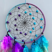 Handcrafted Dream Catcher hanging ornament with dual-color feathers for bedroom decoration, nursery decor, and gift giving.