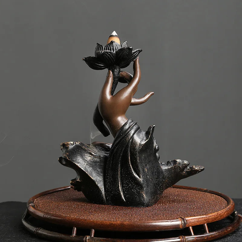 Handmade Buddha incense burner with lotus design for incense cone burning, stress relief, and altar decoration.