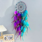 Handmade Dream Catcher wall hanging with two-color feathers for bedroom decor, nursery styling, and spiritual home decoration.