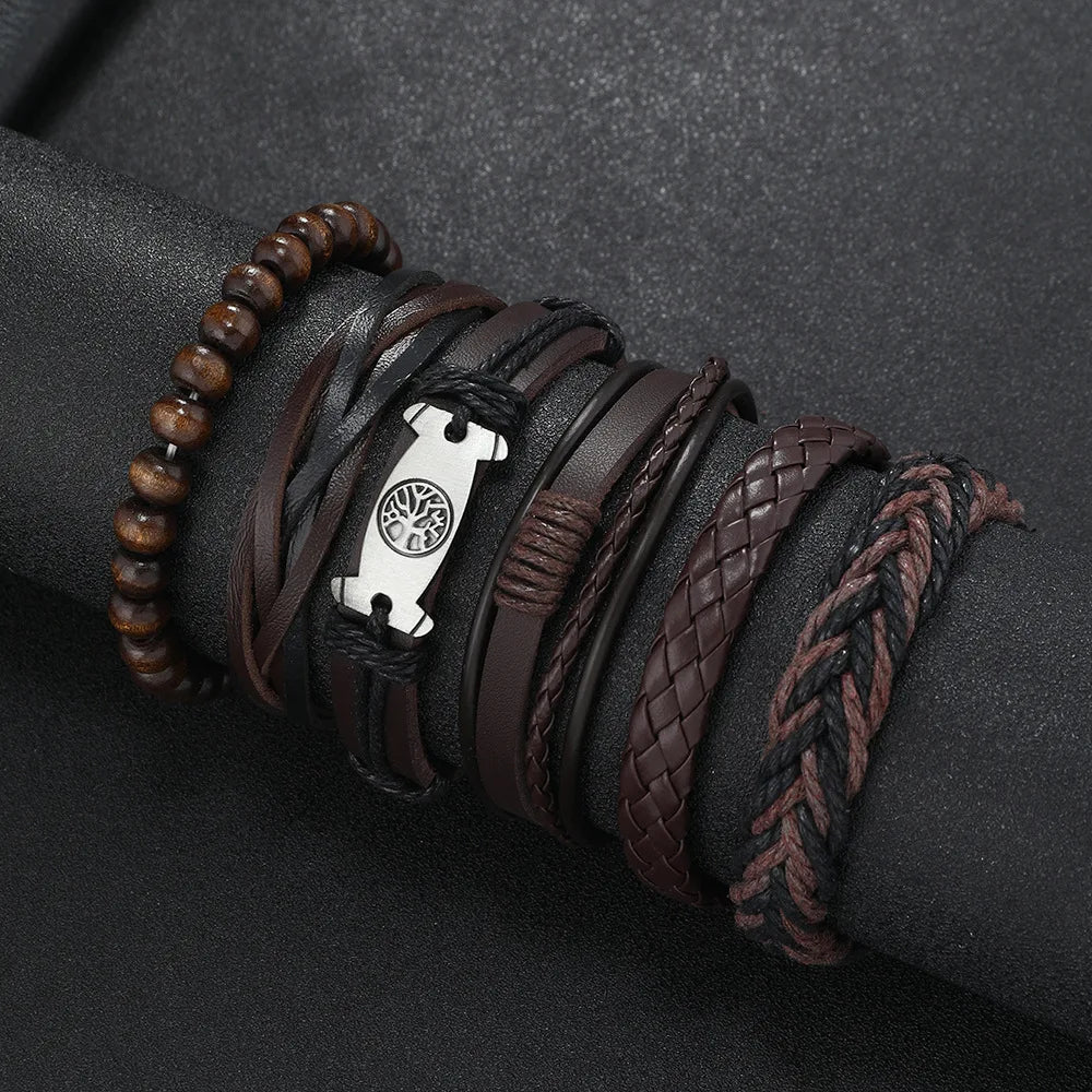 Handmade leather bead bracelet set stack with braided and beaded wristbands for everyday layering, casual wear, and bohemian fashion styling.