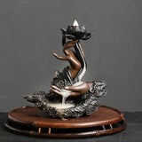 Handmade Lotus Buddha backflow incense burner ceramic holder for meditation, relaxation, and home incense use.