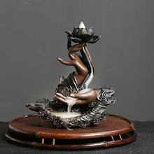 Handmade Lotus Buddha backflow incense burner ceramic holder for meditation, relaxation, and home incense use.