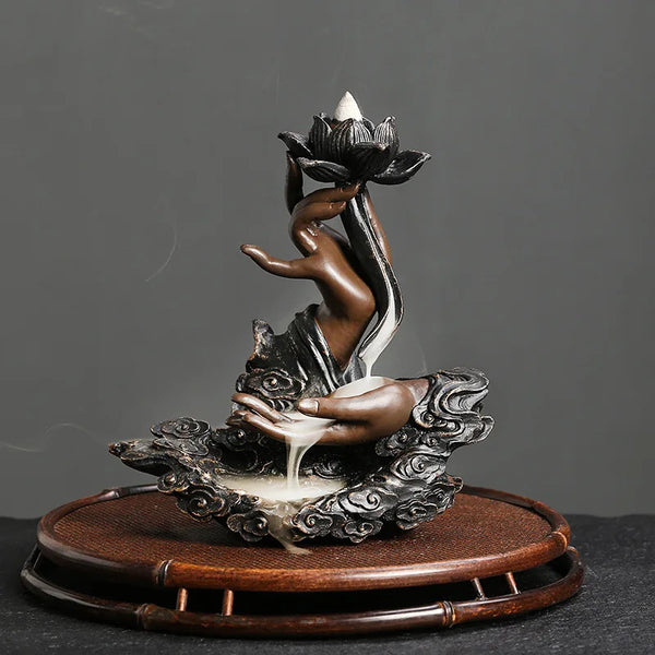 Handmade Lotus Buddha backflow incense burner ceramic holder for meditation, relaxation, and home incense use.