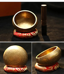Handmade Tibetan singing bowl set with striker and cushion for meditation, calming rituals, and stress relief.