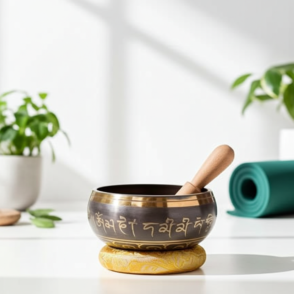 Handmade Tibetan singing bowl with striker for meditation, sound healing, and mindfulness practice.