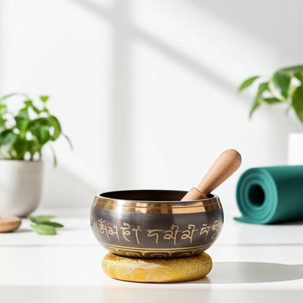 Handmade Tibetan singing bowl with striker for meditation, sound healing, and mindfulness practice.