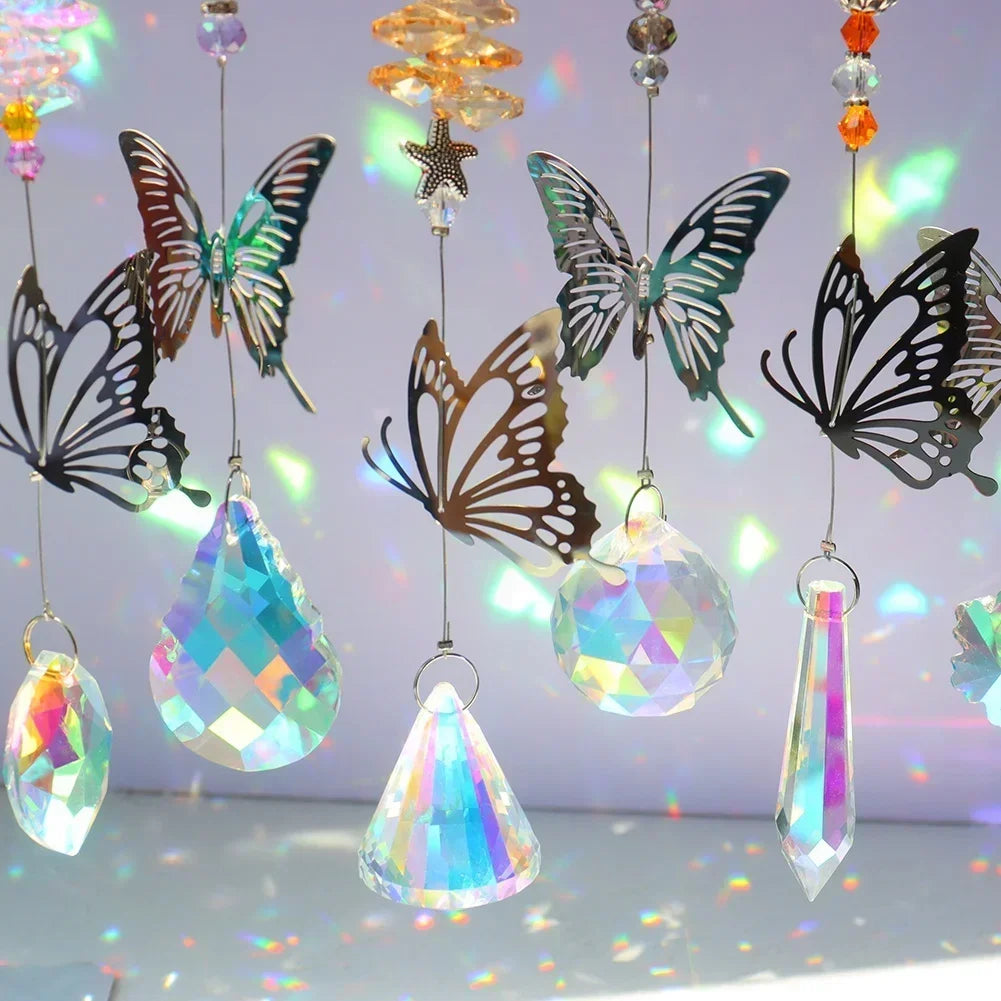 Hanging Crystal Butterfly Wind Chime Sun Catcher ornament for porch decor, garden accents, and sparkling light display.
