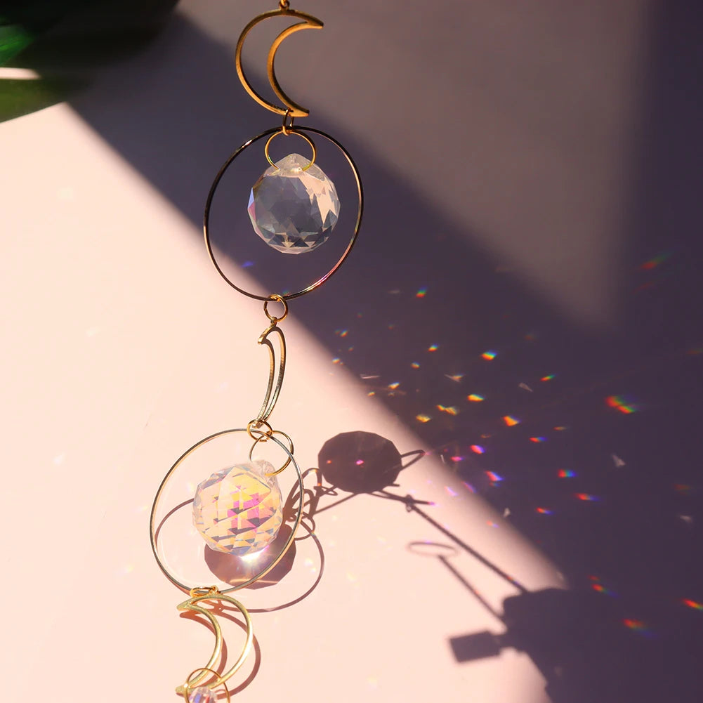 Hanging crystal prism sun catcher ball for window display, rainbow casting, and sunlit home decoration.