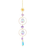 Hanging crystal prism suncatcher with rainbow octagon beads for window display, rainbow casting, and bright decorative styling.