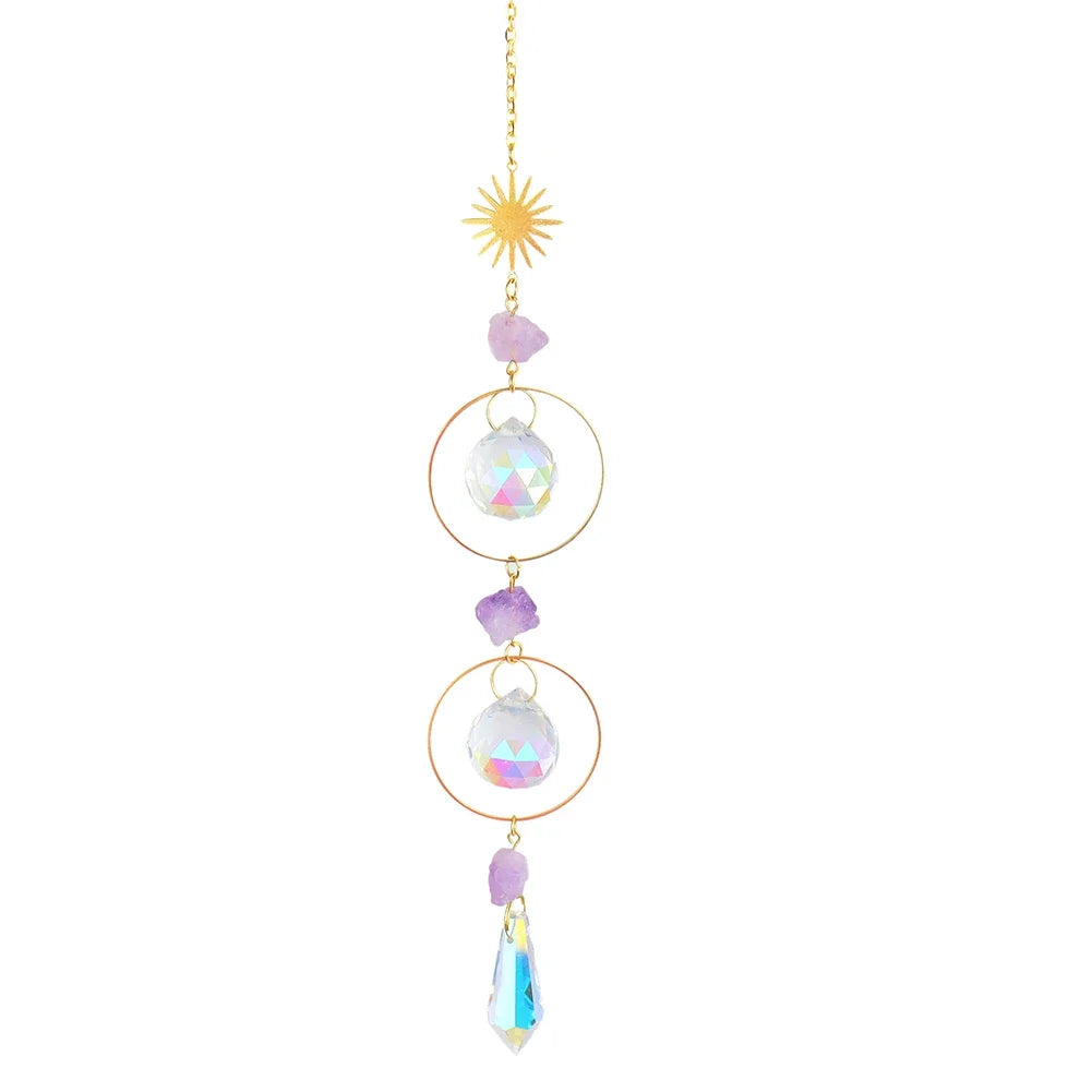 Hanging crystal prism suncatcher with rainbow octagon beads for window display, rainbow casting, and bright decorative styling.