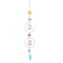 Hanging crystal prism suncatcher with rainbow octagon beads for window display, rainbow casting, and bright decorative styling.